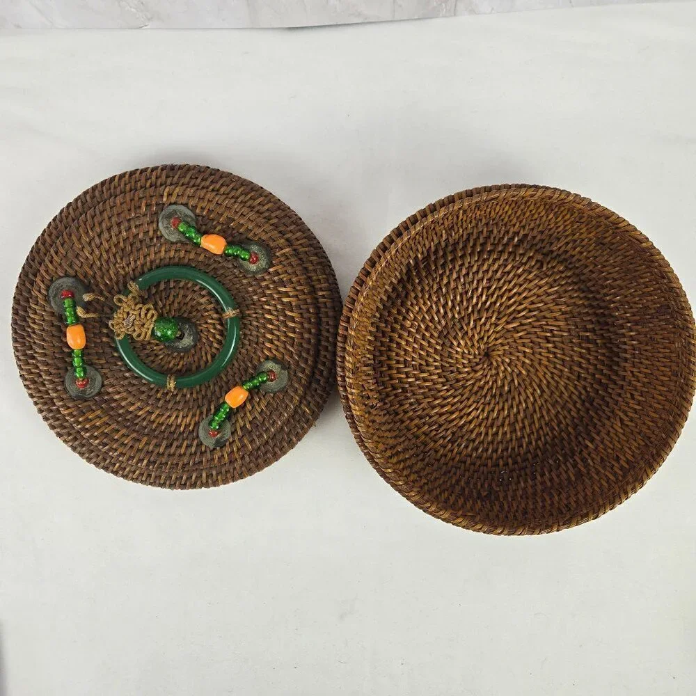 Vintage Chinese Sewing Basket Brown Handmade Round Wicker Glass Bead Accents